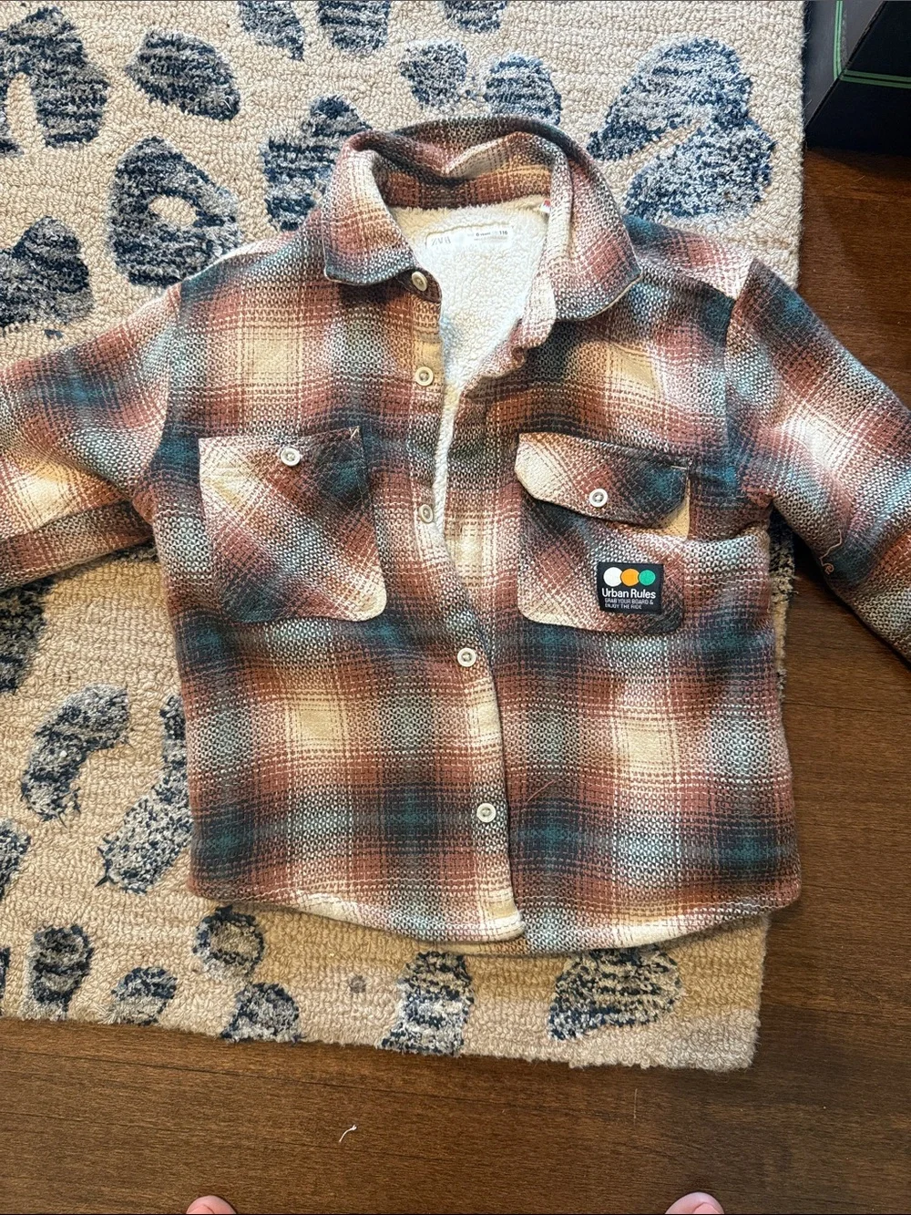 Zara Plaid Button-Down Shirt Jacket in Brown, Teal & Cream